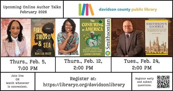 February, 2026, online author talks from the public library