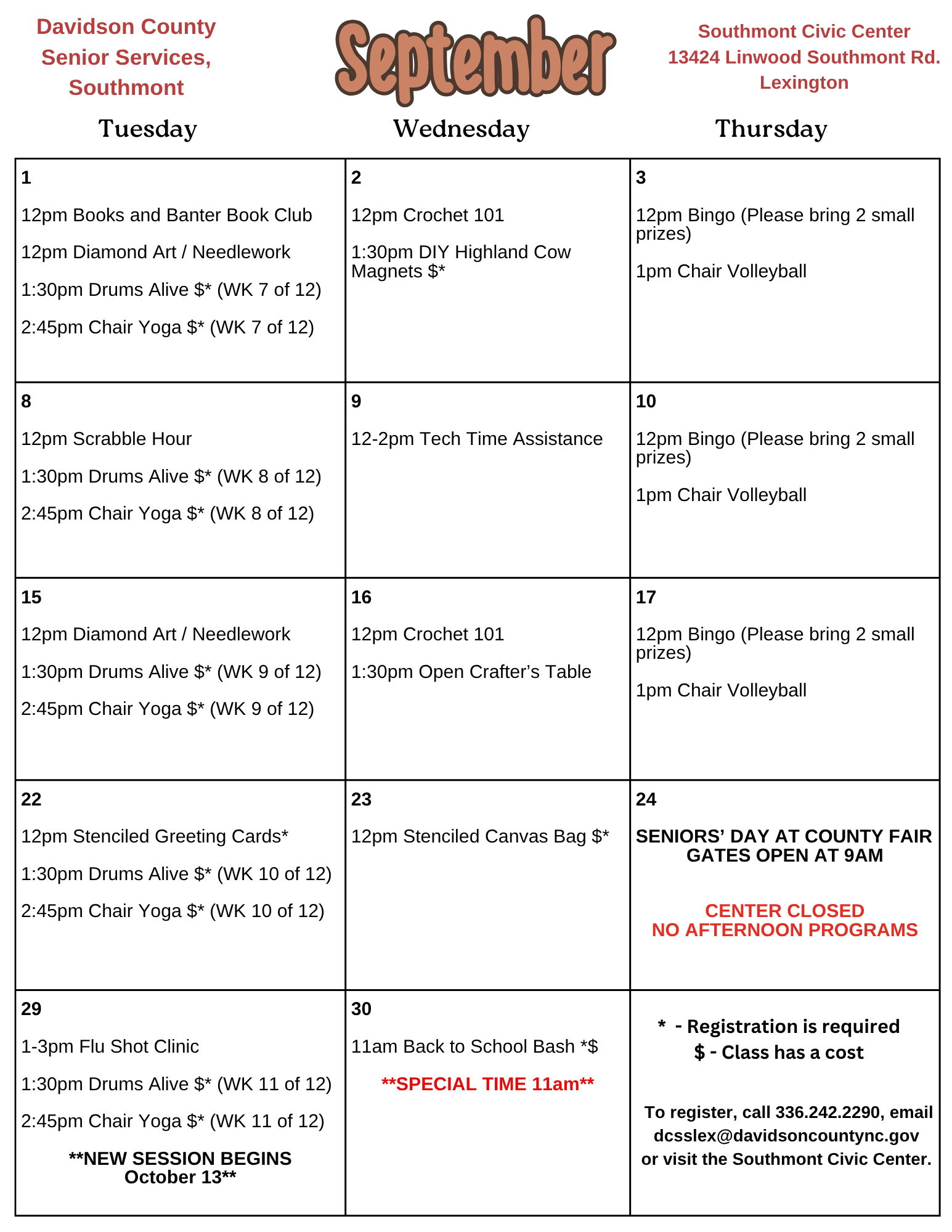 Southmont Calendar September 2026